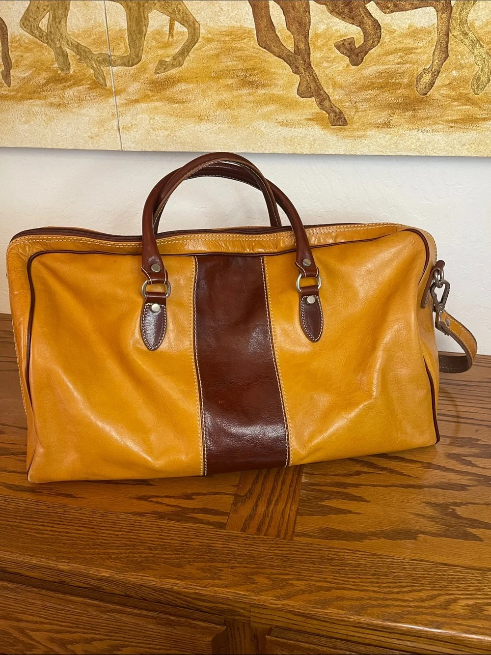 MARISA Leather Travel Duffel BOWLING STYLE Bag in Tan with Brown Accent